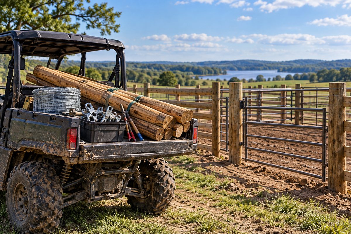 Utility work vehicle and freshly cleared corral fencing on Shiloh Farm grounds.