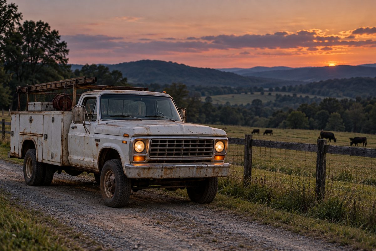 Auton Farms pasture fence line and work truck at dusk in Lavonia, Georgia.