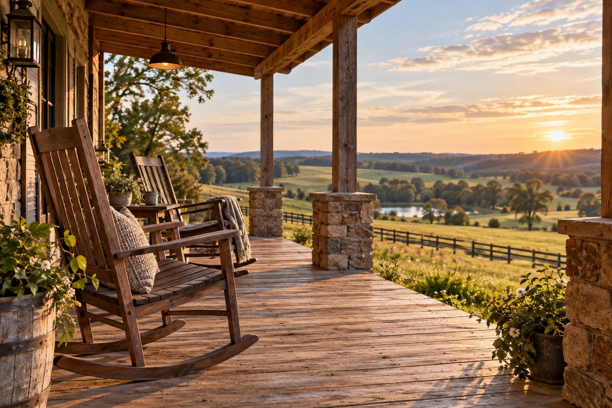 Covered timber porch with wooden rocking chairs overlooking scenic pastures at Auton Farms.