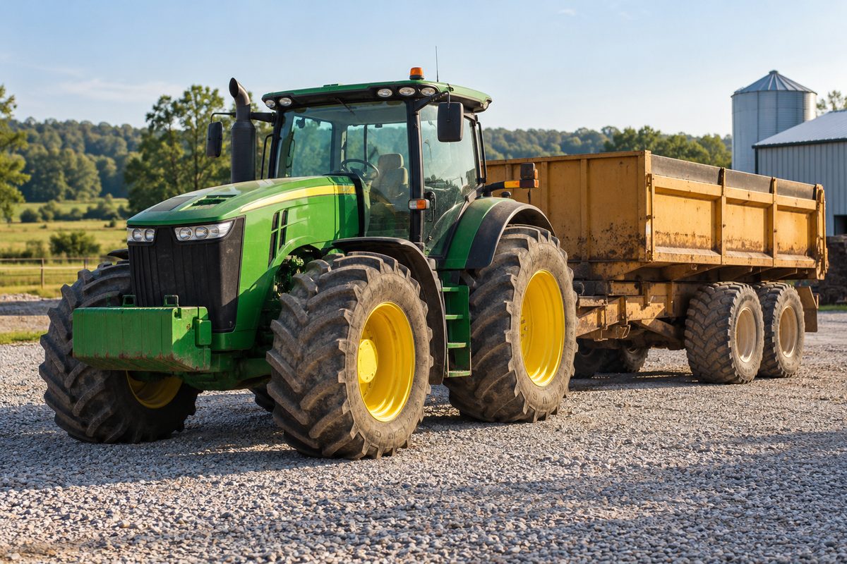Agricultural machinery and implements parked on the gravel equipment staging apron at Auton Farms.