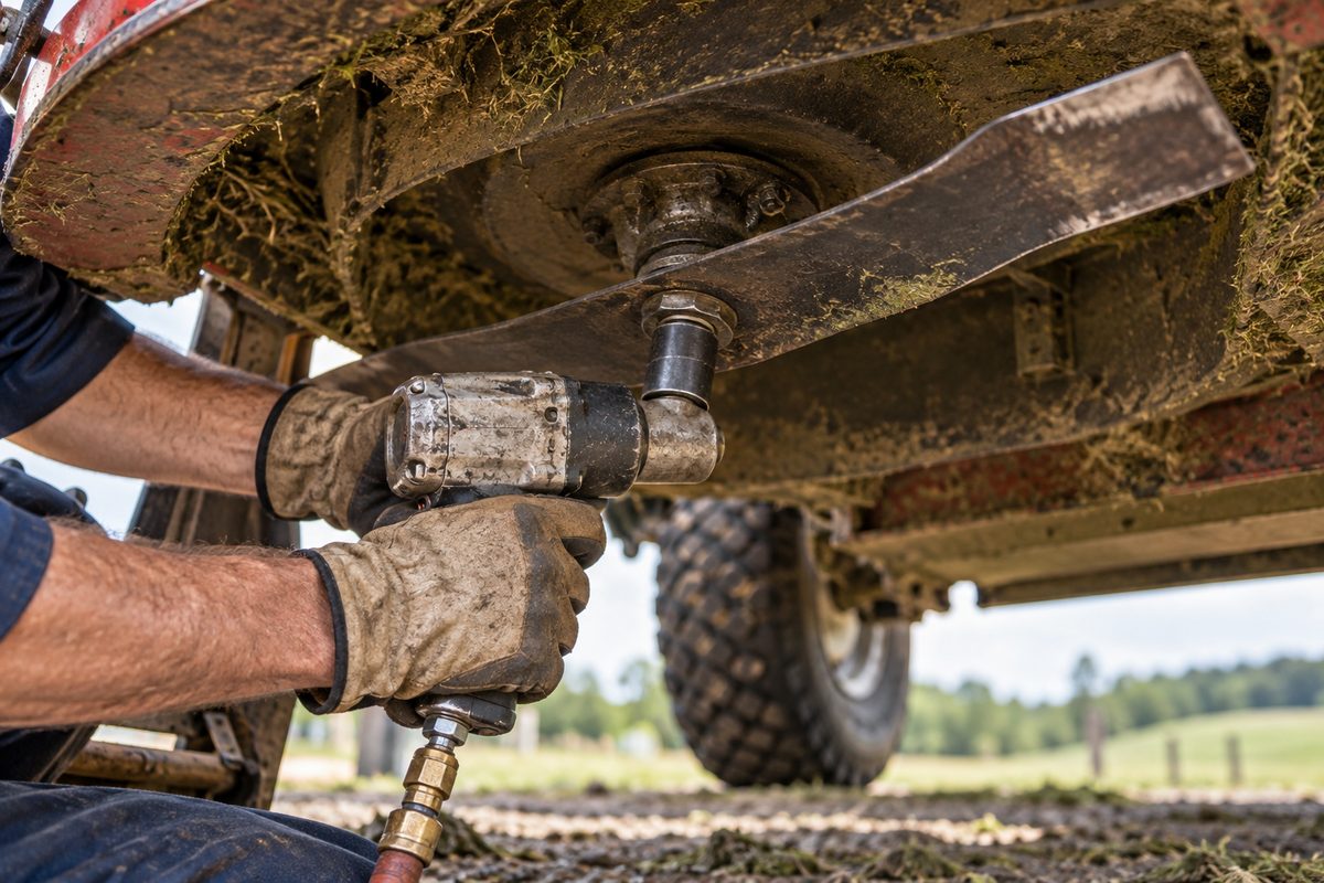 Gloved hands servicing hardened rotary mower cutter blades in the farm workshop.