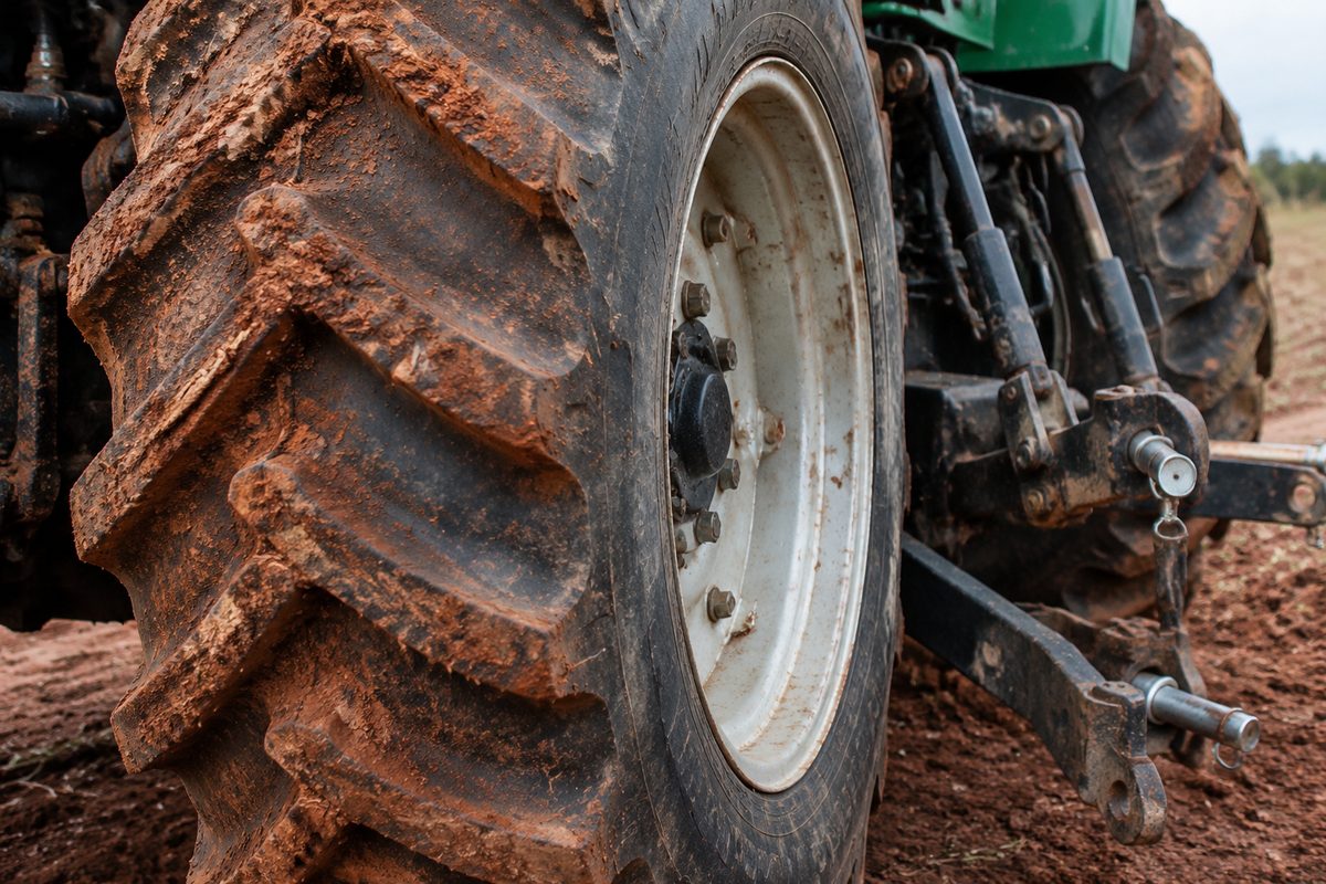 Heavy agricultural tractor tire with Georgia clay and three-point hitch linkage.