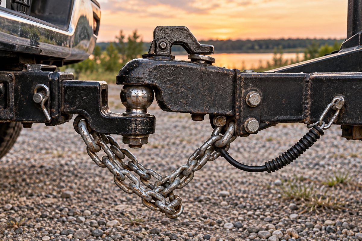 Tandem-axle utility trailer coupler and safety chain connection inspected and ready for haulage.